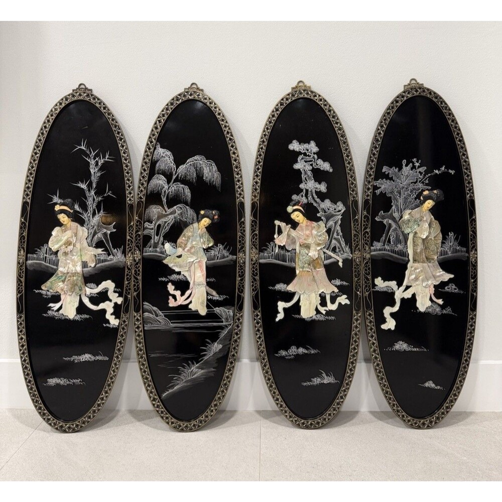 PAIR OF STUNNING VINTAGE SOAPSTONE & MOTHER OF PEARL GEISHA GIRL WALL PANELS (4)